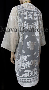 Ivory Long Kimono Jacket Burnout Velvet No Fringe Maya Matazaro