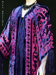 Fringe Jacket Kimono Burnout Velvet Silk Magenta & Purple Maya Matazaro