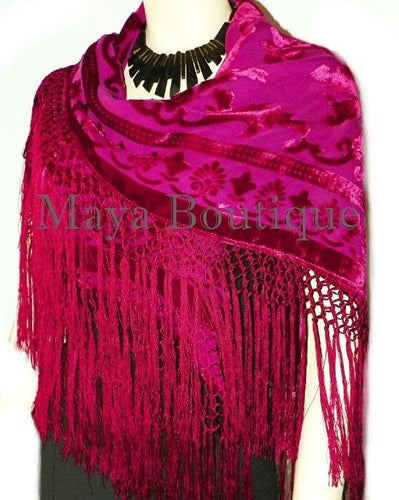 Piano Shawl Wrap Scarf Silk Burnout Velvet MAGENTA Fringed Square Maya Matazaro