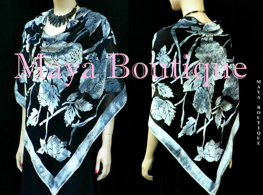 Piano Shawl Wrap Scarf Silk Burnout Velvet Silver & Black No Fringe Maya