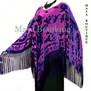 Silk Burnout Velvet Poncho Kimono Top Shawl Magenta & Purple Maya Matazaro
