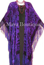 Purple Caftan Duster Fringe Jacket Kimono Opera Coat Burnout Velvet Maya Plus