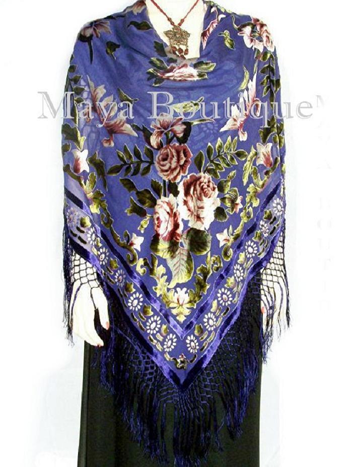 Piano Shawl Wrap Scarf Silk Burnout Velvet Floral Blue Maya Matazaro