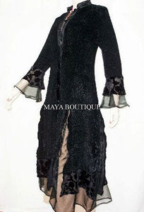 Stunning Dress Coat Crinkle Silk Velvet & Organza Ruffle Black S/M