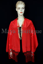 Red Embroidered Silk Wrap Shawl Scarf Oblong with Fringes Maya Matazaro