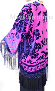 Fringe Jacket Kimono Duster Bolero Silk Burnout Velvet Pink Purple Short Maya