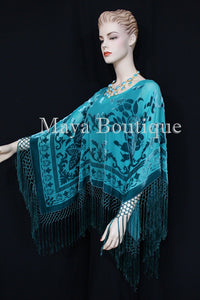 Teal Turquoise Silk Burnout Velvet Poncho Kimono Top Shawl Maya Matazaro