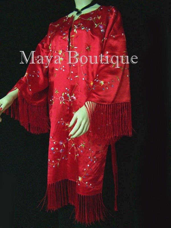 Red Embroidered Fringe Jacket Kimono Coat Lined Maya Matazaro
