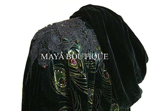 Cloak Opera Cape Peacock Victorian Style Beaded Velvet Lace Lined Black Maya
