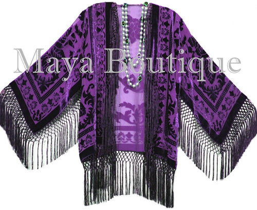 Dark Purple Fringe Jacket Silk Burnout Velvet Kimono Short Flapper Maya Boutique