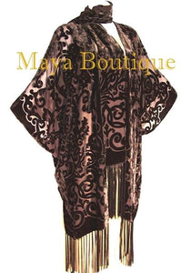 Coco Brown Caftan Kimono Fringe Duster Burnout Velvet Art Nouveau Maya Matazaro