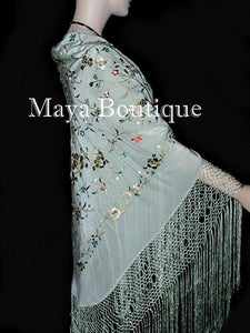 Maya Matazaro Flamenco Embroidered Silk Piano Shawl Wrap Sage Green 84"