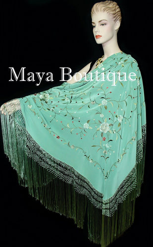 Flamenco Embroidered Silk Piano Shawl Wrap Tiffany Green Hand Dyed Maya Matazaro
