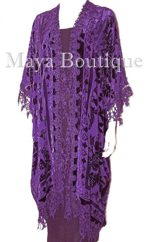 Purple Burnout Velvet & Lace Kimono Caftan Jacket Duster Maya Kimono