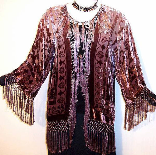Hand dyed By Maya Burnout Velvet Fringe Jacket Kimono Short Brown & Beige