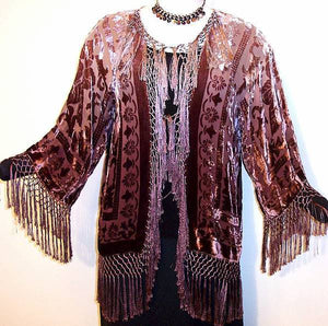 Hand dyed By Maya Burnout Velvet Fringe Jacket Kimono Short Brown & Beige
