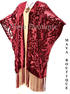 Caftan Kimono Burnout Velvet Art Nouveau Deep Red Maya Matazaro USA Made