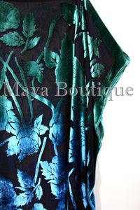 Caftan Dress Kimono Silk Burnout Velvet MAYA Dyed Stained Glass Blue & Greens