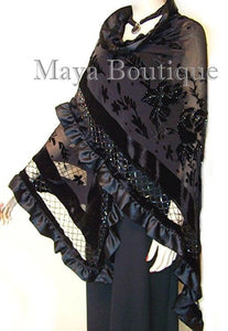 Black Shawl Scarf Wrap Silk Beaded Burnout Velvet Triangle Ruffles Maya Matazaro