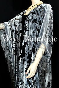 Silver Gray Caftan Duster Fringe Jacket Kimono Burnout Velvet Maya Matazaro