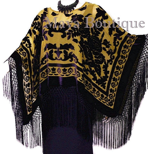 Maya Matazaro Black & Antique Gold Silk Burnout Velvet Poncho Fringed Shawl Top