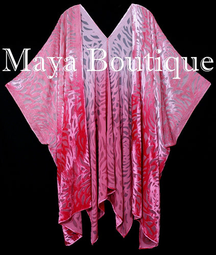 Maya Matazaro Coral Ombre Camellia Burnout Velvet Caftan Kimono Jacket Hand Dyed