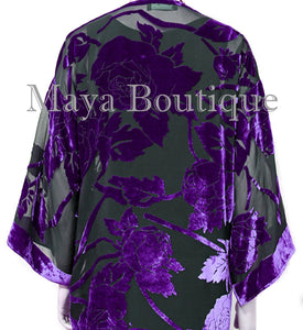 Purple Long Kimono Jacket Silk Burnout Velvet No Fringe Maya Matazaro