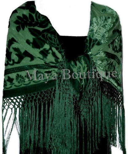 Dark Green Silk Burnout Velvet Piano Shawl Wrap Fringed Scarf Maya Matazaro