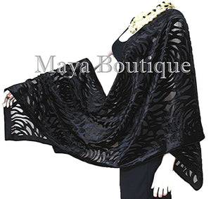 Black Camellia Shawl Wrap Scarf Burnout Velvet Maya Matazaro Elegant!