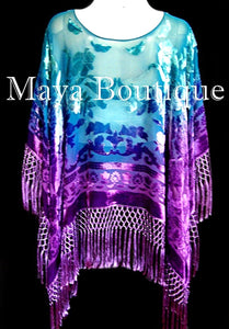 Purple Aqua Hand Dyed Poncho Shawl Top Silk Velvet Wearable Art Maya Matazaro