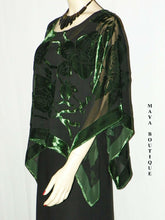 Silk Burnout Velvet Poncho Kimono Top Emerald & Black No Fringe Maya Matazaro