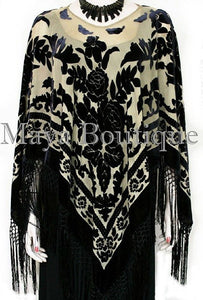 Poncho Kimono Fringe Top Shawl Beige & Black Silk Burnout Velvet Maya Matazaro