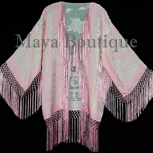 Maya Matazaro Rose Quartz Silk Burnout Velvet Fringe Jacket Short Kimono US Made
