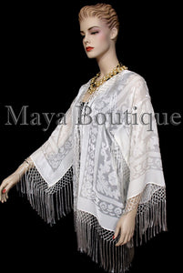 Ivory Short Fringe Coat Jacket Kimono Silk Burnout Velvet Maya Matazaro USA Made