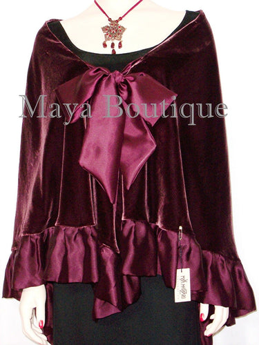 Burgundy Reversible Silk Velvet Cape Capelet Shawl Wrap W Ruffles Maya Matazaro
