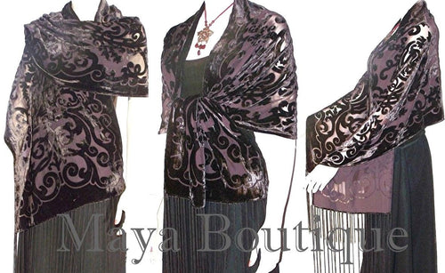 Chocolate Brown Shawl Wrap Scarf Burnout Velvet Art Nouveau Oblong Maya Matazaro