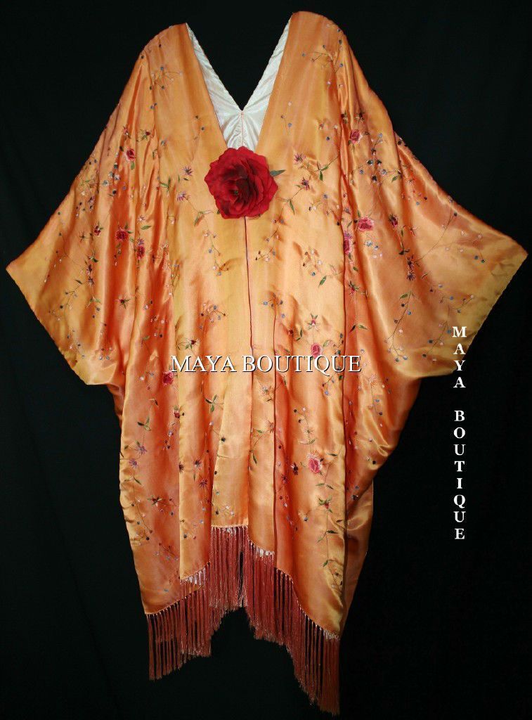 Peach Embroidered Silk Kimono Caftan Duster Opera Coat Maya Matazaro