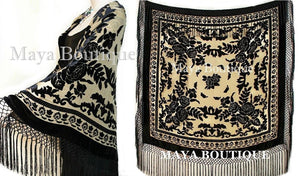 Silk Piano Shawl Wrap Scarf Burnout Velvet Beige & Black Maya Matazaro