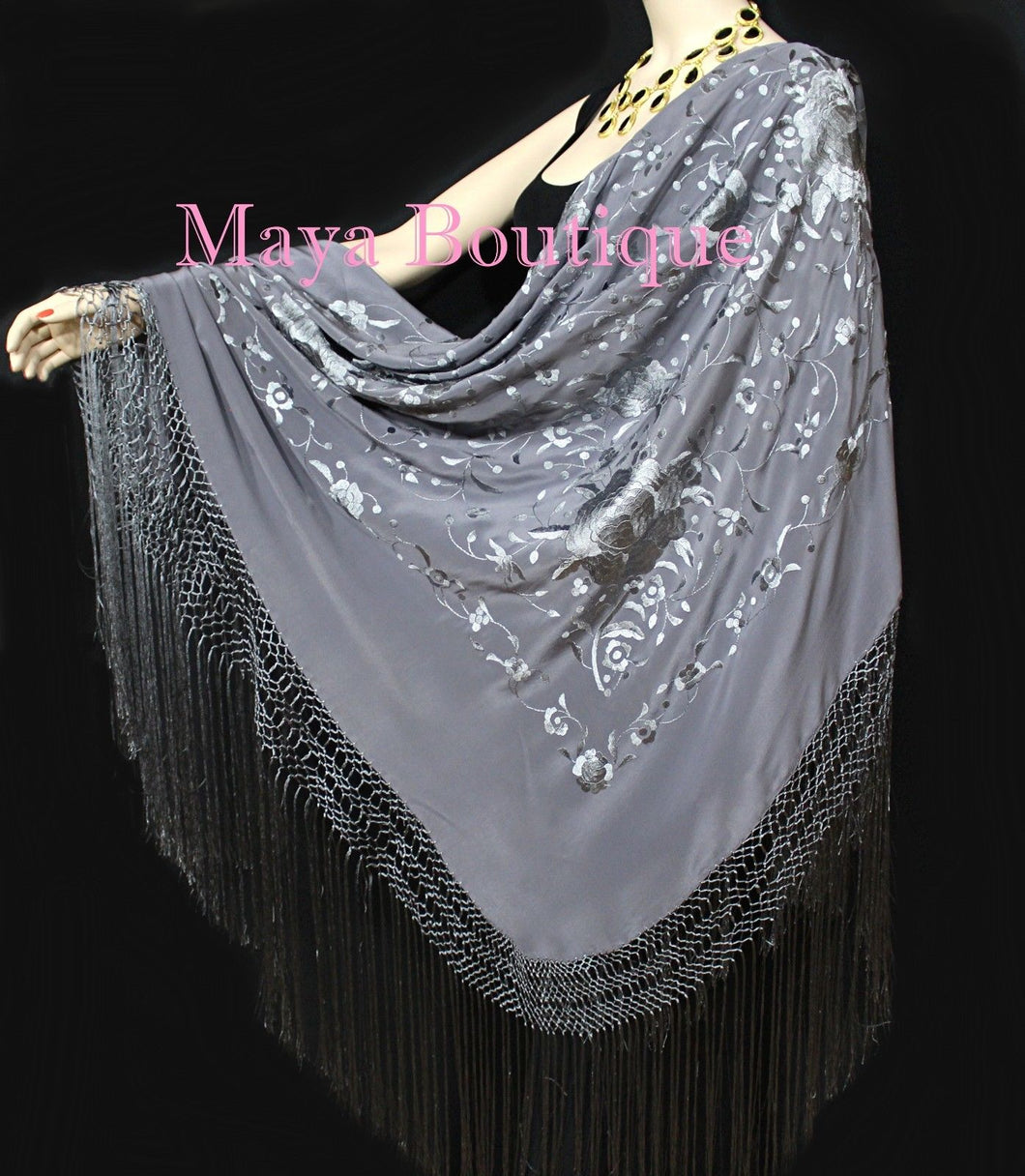 Flamenco Embroidered Silk Piano Shawl Wrap Dusk Gray Floral 84