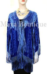 Maya Clothing Royal Blue Fringe Jacket Kimono Short Silk Burnout Velvet Hand Dye
