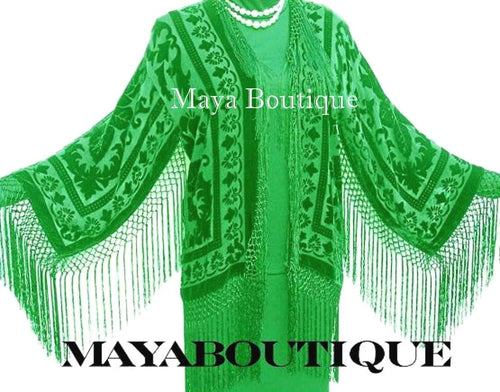 Apple Green Fringe Jacket Kimono Silk Burnout Velvet Maya Matazaro Made in USA