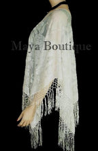Ivory Maya Matazaro Silk Burnout Velvet Poncho Top Piano Shawl Fringed Wrap