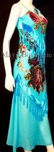Dress Gown Turquoise Silk Burnout Velvet Beaded Victorian Roses Maya Boutique S