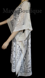 Burnout Velvet Caftan Dress Duster Kimono Ivory No Fringes Maya Matazaro USA