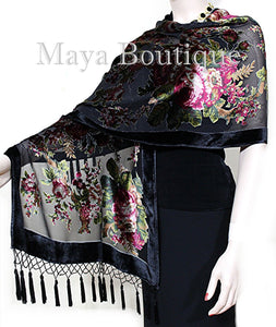 Black Wrap Scarf Shawl Silk Burnout Velvet English Rose Beaded Maya Matazaro