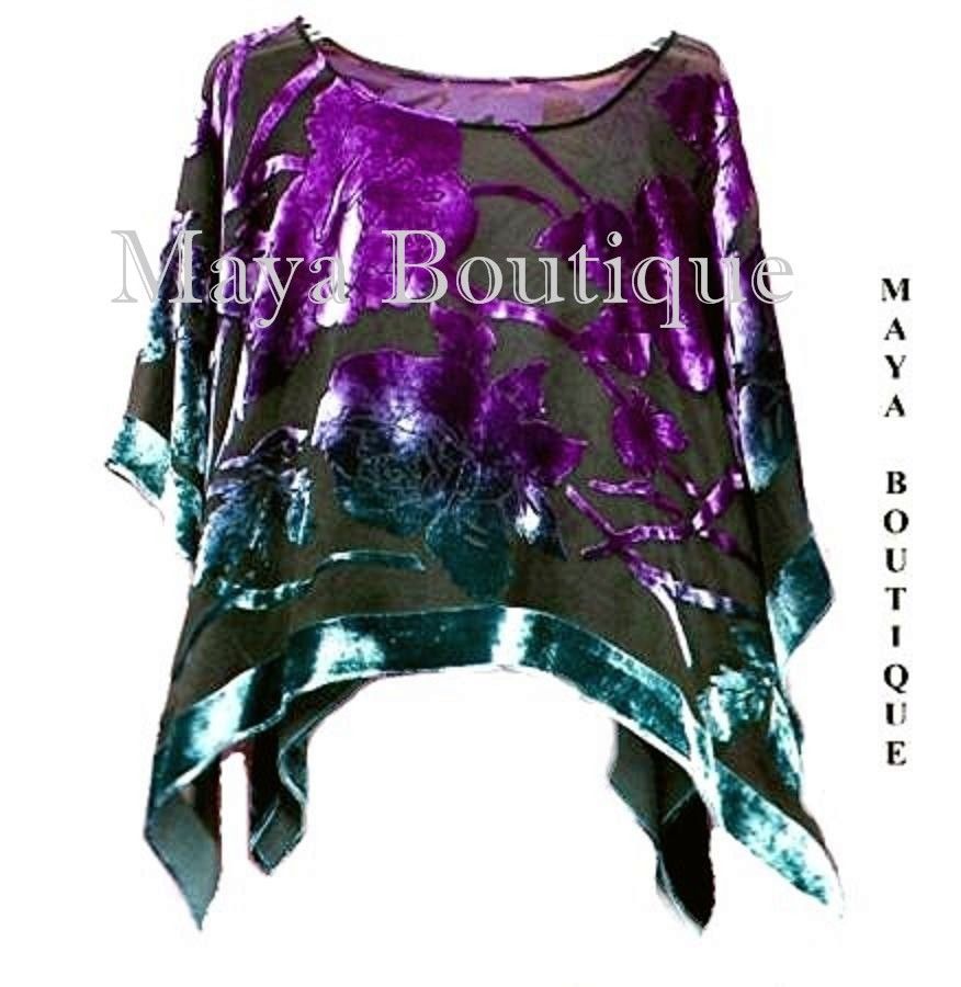 Top Silk Burnout Velvet MAYA PONCHO Stained Glass Collection Teal & Purple