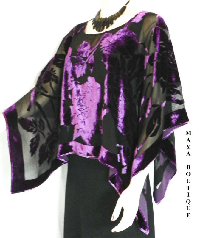 Silk Burnout Velvet Poncho Kimono Top Amethyst & Black No Fringe Maya Matazaro