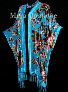 Caftan Kimono Duster Silk Burnout Velvet Turquoise Gypsy Rose Maya Matazaro