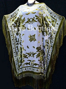 Kaftan Dress Fringe Kimono Olive & Gray Silk Burnout Velvet Maya Mataza