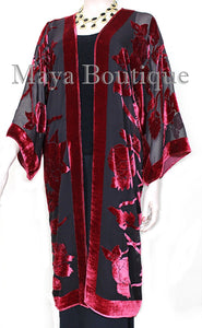 Red Long Kimono Jacket Silk Burnout Velvet No Fringe Maya Matazaro